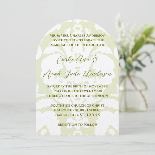 Invitations Mariage damassé vertes (Debout devant)
