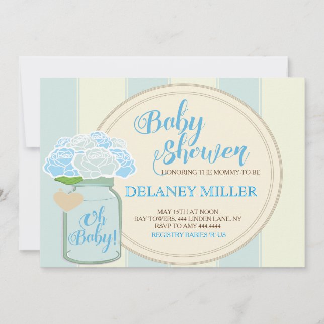 Invitations Mason Jar Blue Baby Shower (Devant)