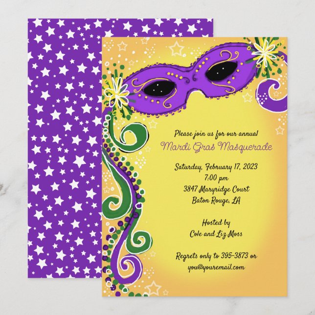 Invitations Masquerade : Mardi Gras Jaune Violet (Devant / Derrière)