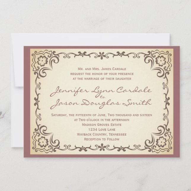 Invitations mauve de mariage de cadre vintage de (Devant)