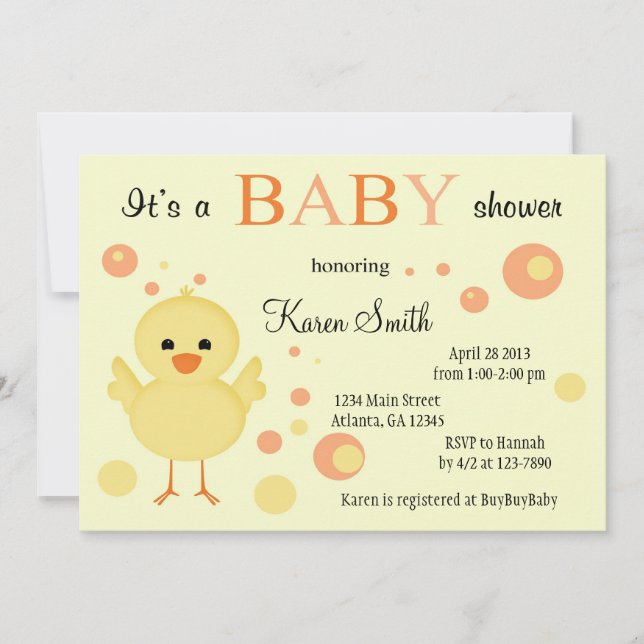 Invitations mignonnes de baby shower - poussin (Devant)
