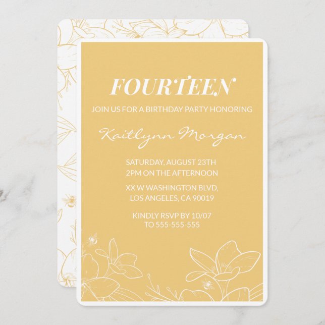 Invitations modernes à 14e anniversaire Floral Jau (Devant / Derrière)