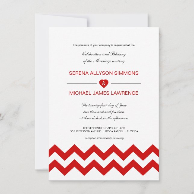 Invitations modernes rouges et blanches de mariage (Devant)