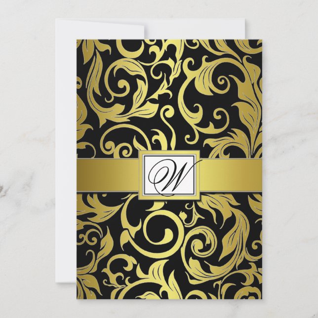 Invitations Monogram Black & Gold Mariage damassé (Devant)