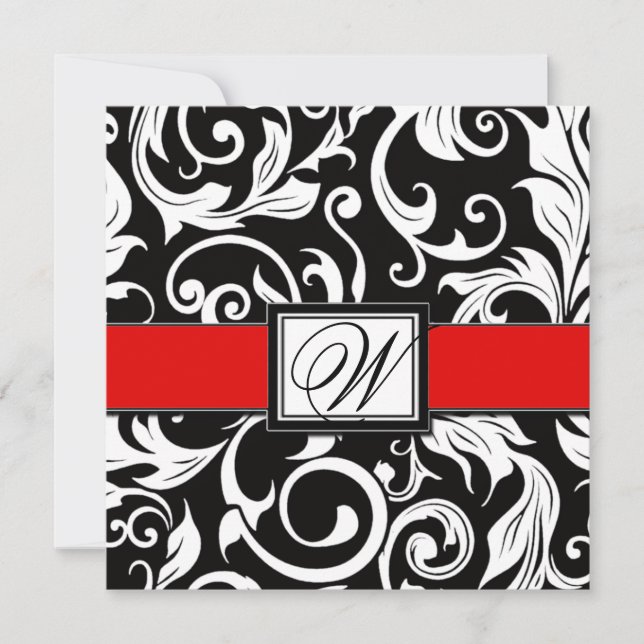 Invitations Monogrammes Black & Red Mariage damass (Devant)