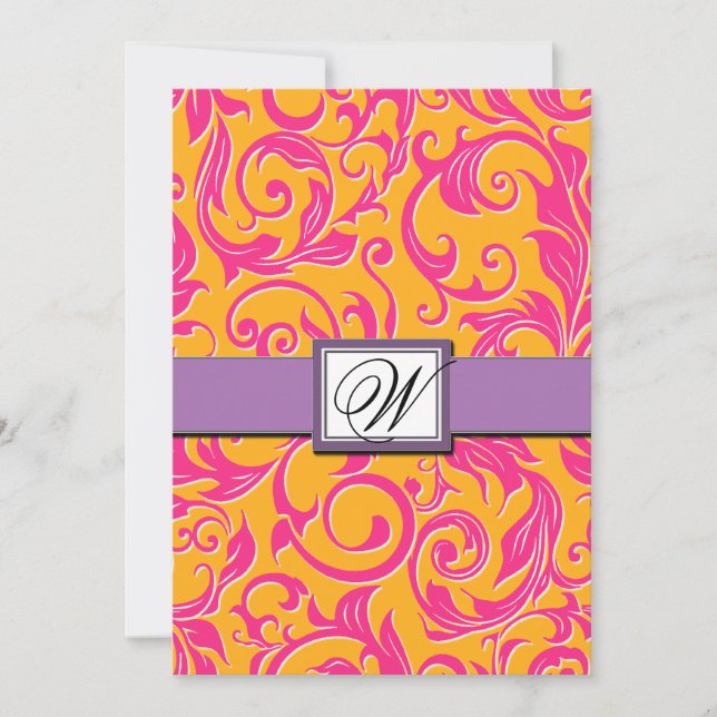 Invitations Monogrammes Damask Orange & Pink Weddi (Devant)