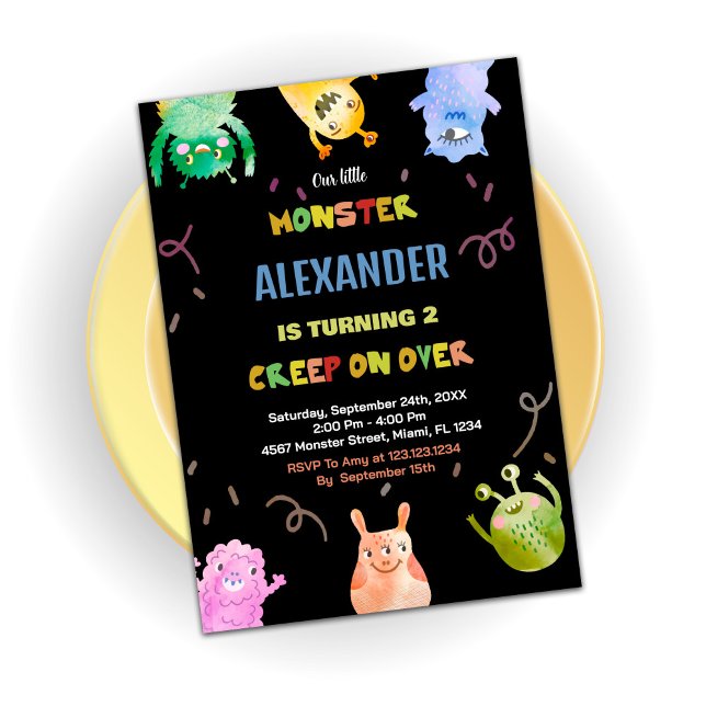 Invitations Monster Anniversaire Vert Orange Noir (Monster Birthday Invitations Green Orange Black)