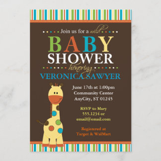 Invitations multicolores de baby shower de girafe