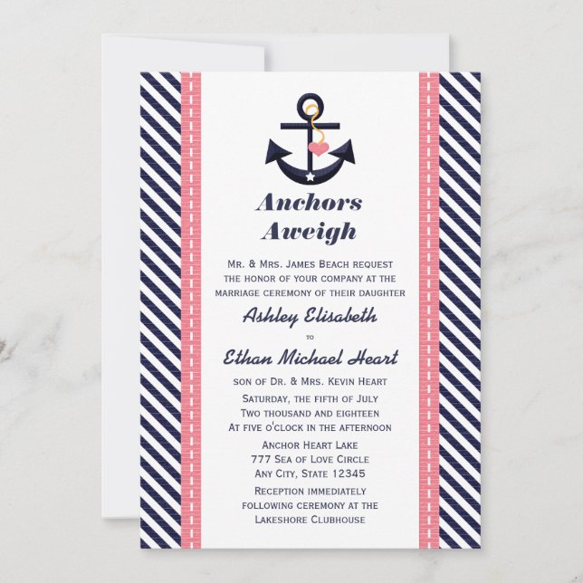 Invitations nautiques de mariage d'Ancre rose de (Devant)