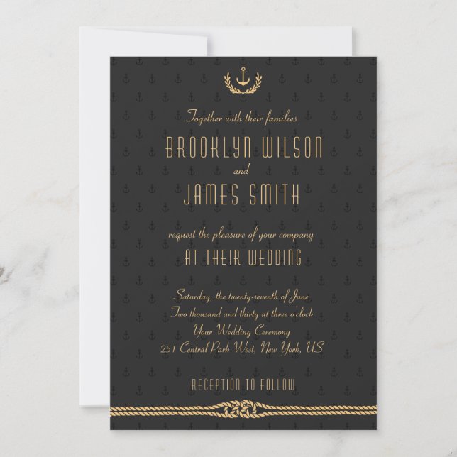 Invitations Noir Et Or Nautique Mariage (Devant)