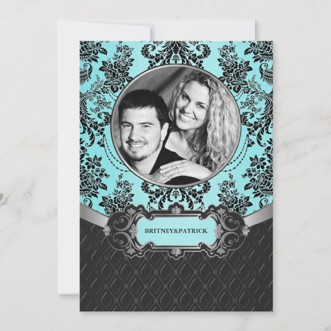 Invitations noires de mariage bleu Damas (Devant)