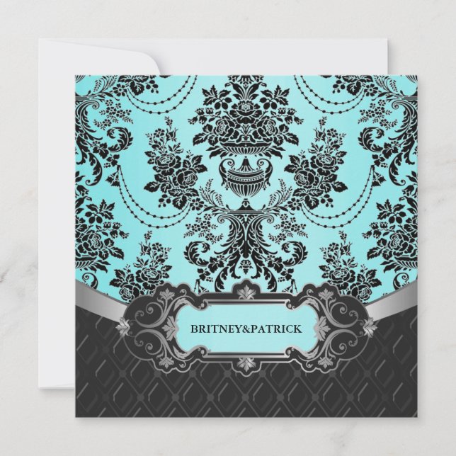 Invitations noires de mariage bleu Damas (Devant)