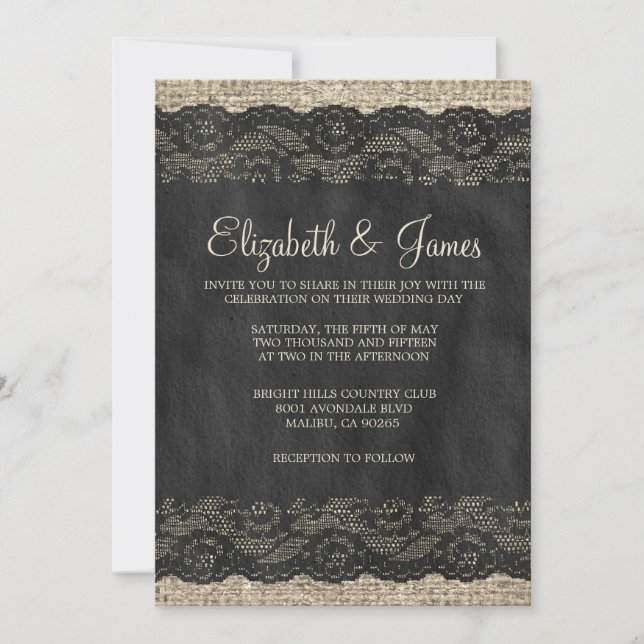 Invitations noires de mariage de dentelle rustique (Devant)