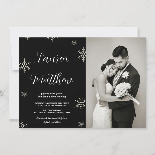 Invitations noires de mariage de neige avec photo (Devant)