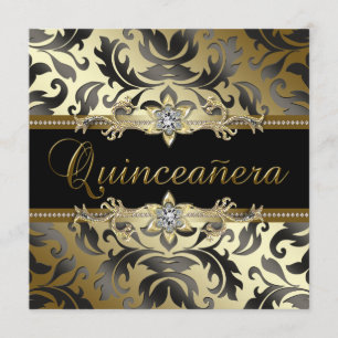 Invitations noires de Quinceanera de damassé d'or