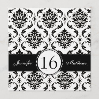 Invitations noires et blanches de sweet sixteen de