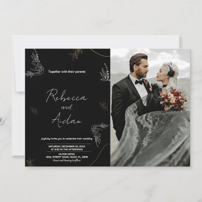 Invitations noires foncées de mariage avec photo (Devant)