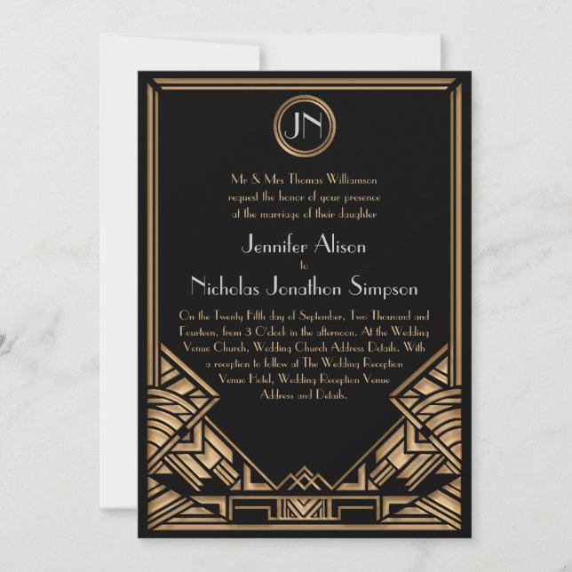 Invitations noirs de mariage de style de Gatsby (Devant)