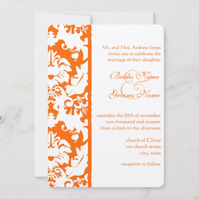 Invitations Orange Mariage damassé brillantes (Devant)