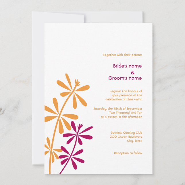 Invitations oranges et fuchsia de mariage (Devant)