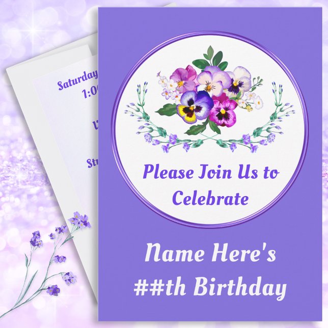 Invitations Pansy, Jolies Invitations Anniversaire (Purple, Pansy Invitations. Personalized, Birthday Invitations with Photo. Custom, Pansies Birthday.)