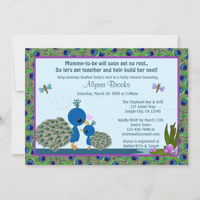 Invitations Peacock Baby Shower Girls Boys #206 (Devant)
