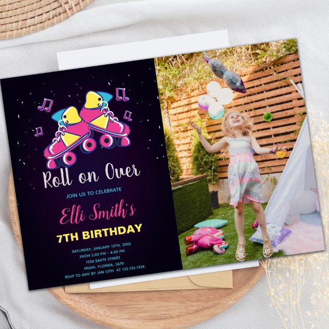 Invitations personnalisables de parties de patinag (Pink Yellow Skate Invitations with photo)