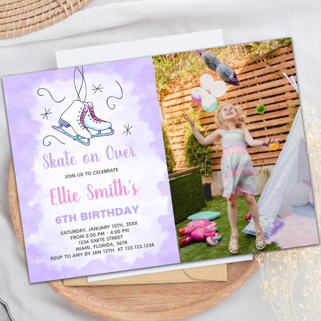 Invitations personnalisables de parties de patinag (Purple Ice Skating Birthday Invitations with photo)