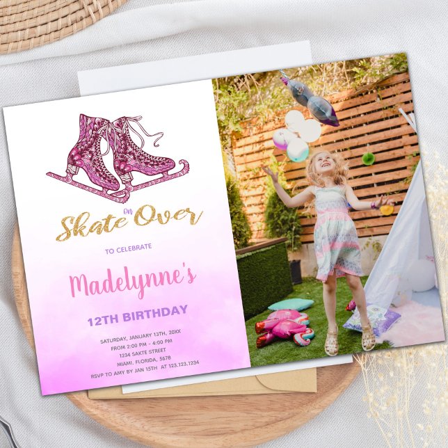 Invitations personnalisables de parties de patinag (Pink Ice Skating Birthday Invitations with photo)