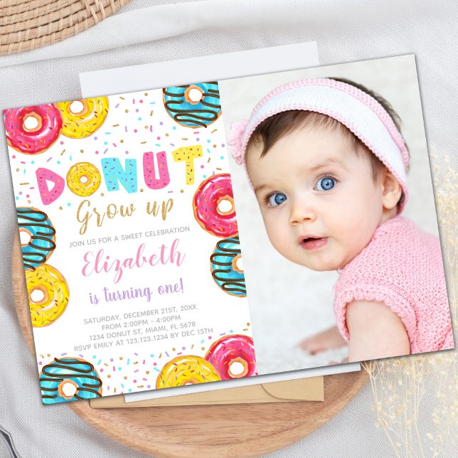 Invitations personnalisables de parties sucrées po (Yellow Green Donut Birthday Invitations photo)