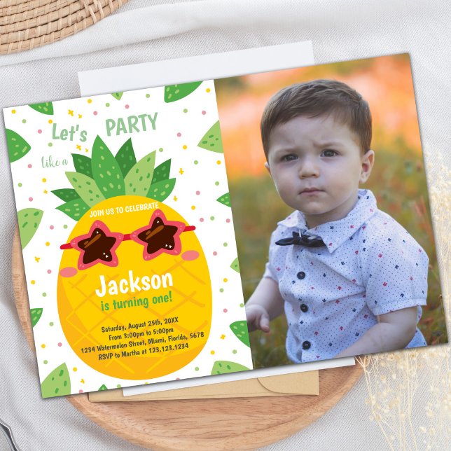Invitations personnalisables de parties tropicales (Orange Pineapple Birthday Invitations w photo)
