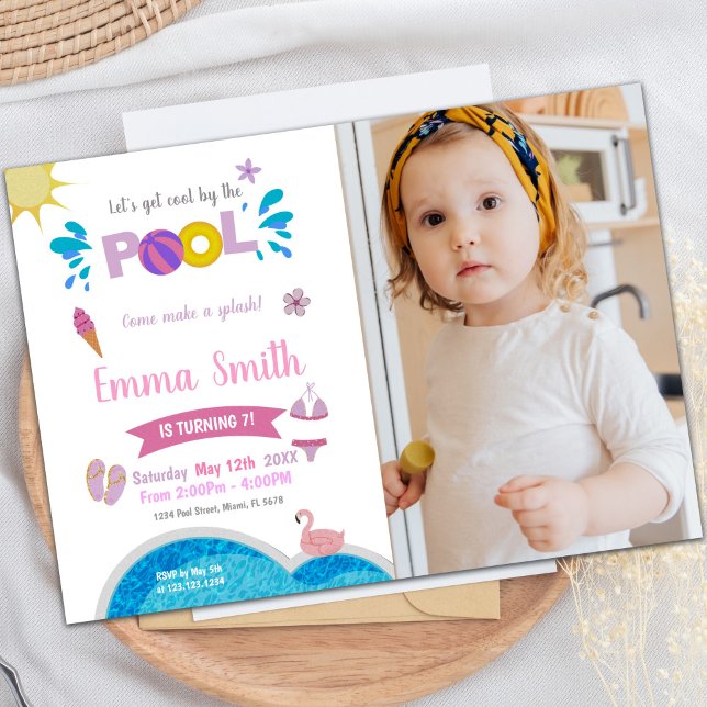 Invitations personnalisables pour les enfants (Sun Pink Purple Pool Birthday Invitations w photo)