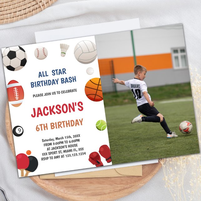 Invitations personnalisables pour les enfants (White Background Sports Invitations with photo)