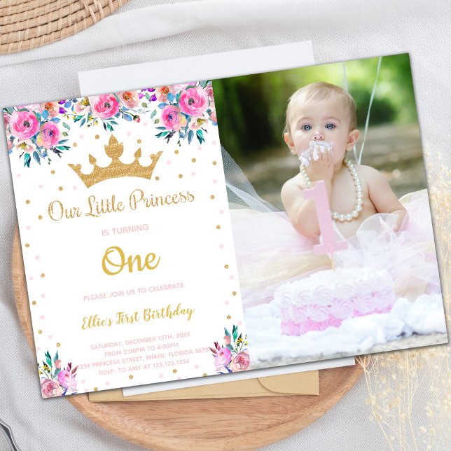 Invitations personnalisables pour les enfants (Photo Crown Glitter Princess Birthday Invitations)