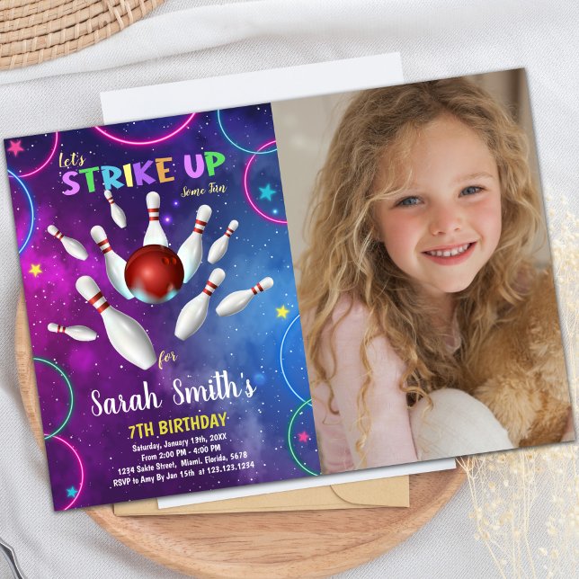 Invitations personnalisables pour les enfants (Rainbow Bowling Birthday Invitations w photo)
