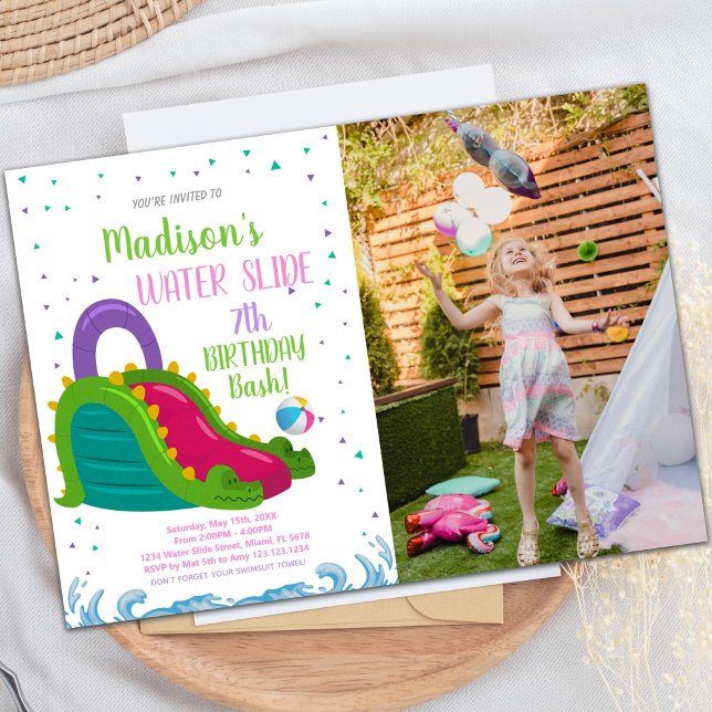 Invitations personnalisables pour les enfants (Green Pink Water Slide Birthday Invitations photo)