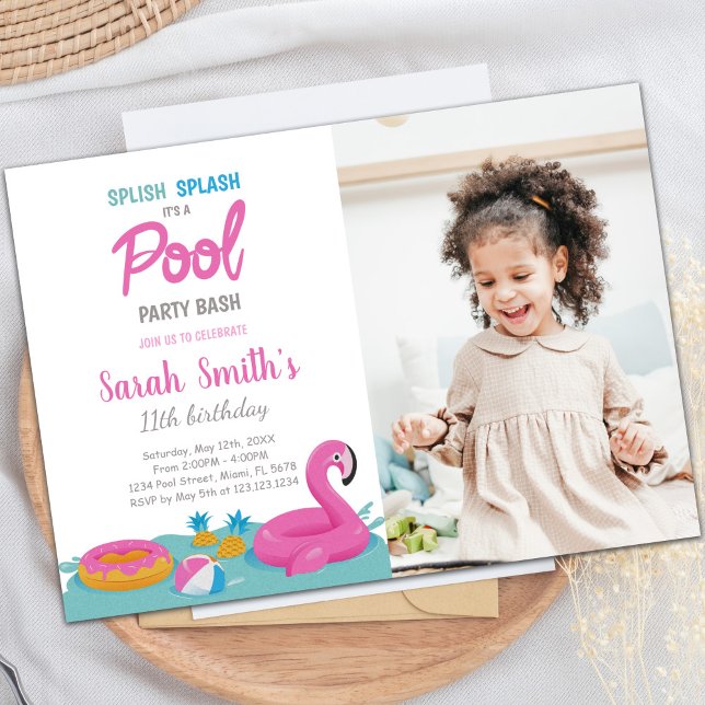 Invitations personnalisables pour les enfants (Pink Flamingo Pool Birthday Invitations with photo)