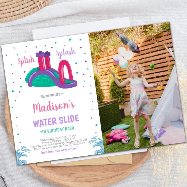 Invitations personnalisables pour les enfants (Purple Pink Water Slide Birthday Invitations photo)