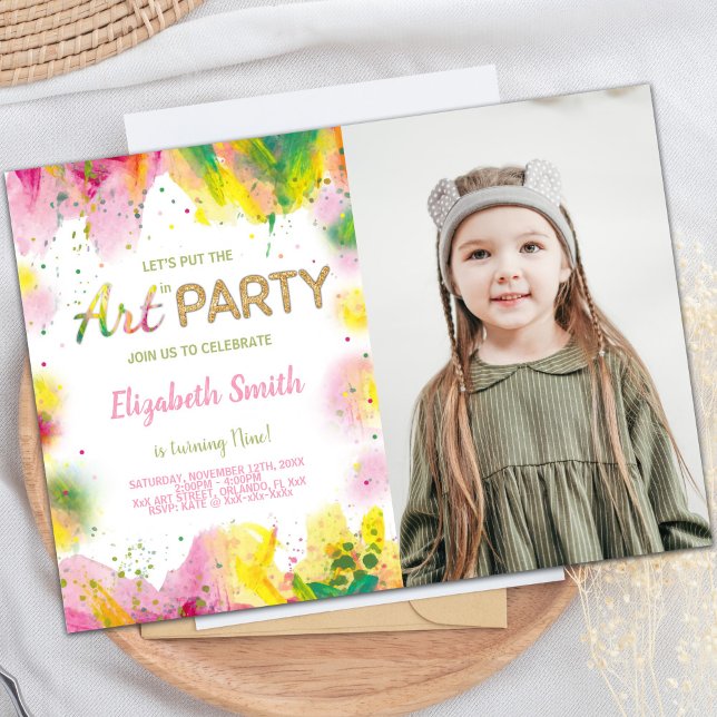 Invitations personnalisables pour les enfants (Orange Pink Paint Birthday Invitations with photo)