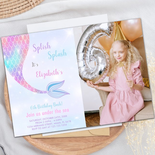 Invitations personnalisables pour les enfants (Splash Splish Mermaid Birthday Invitations w photo)