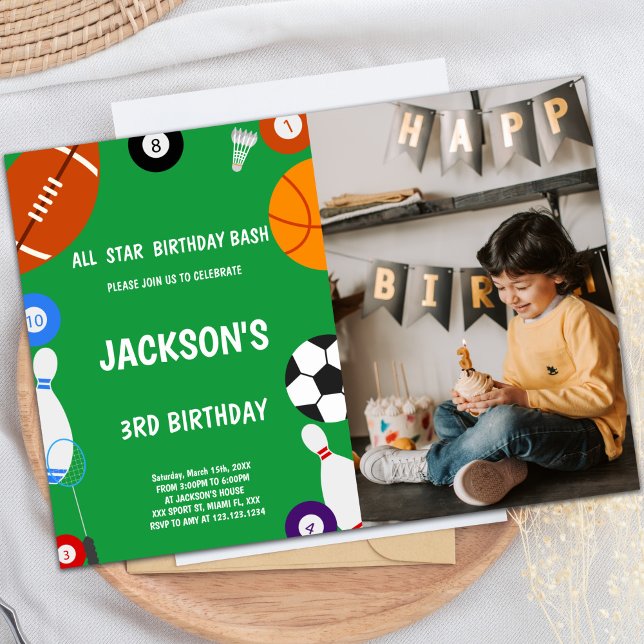 Invitations personnalisables pour les enfants (Green Sports Birthday Invitations with photo)