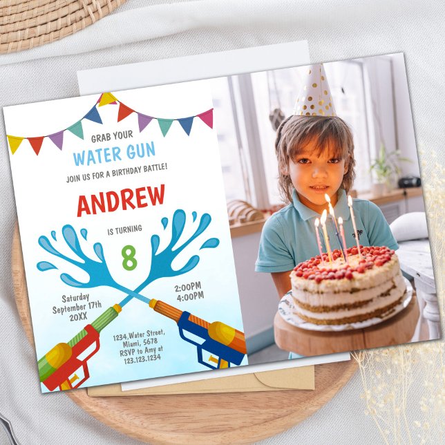 Invitations personnalisables pour les enfants (Red Blue Water Gun Invitations with photo)