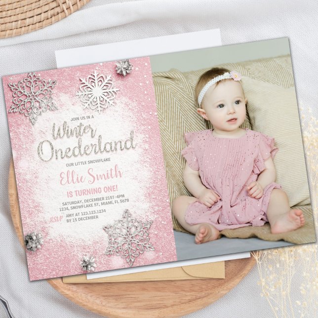 Invitations personnalisables Winter Wonderland Par (Pink Glitter Winter ONEderland Invitations w photo)