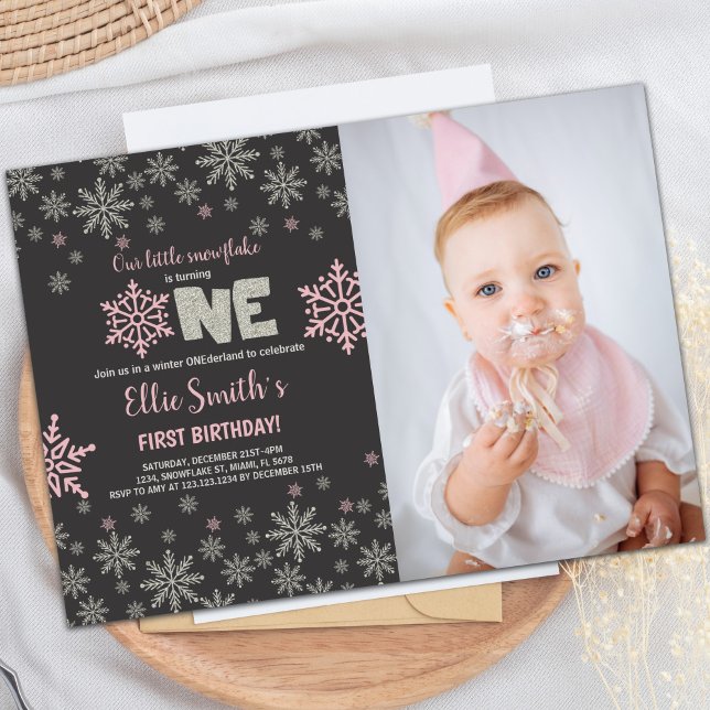 Invitations personnalisables Winter Wonderland Par (Pink Photo Glitter Onederland Birthday Invitations)