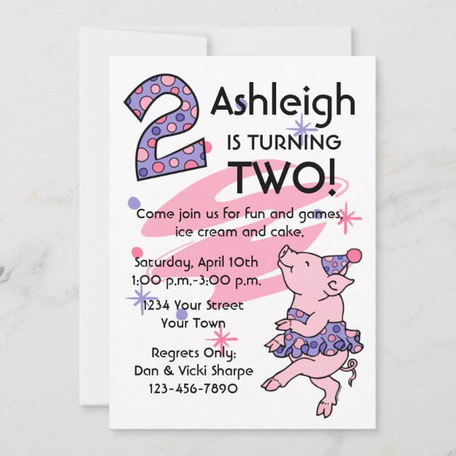 Invitations personnalisées Tutu Piggy 2e anniversa (Devant)