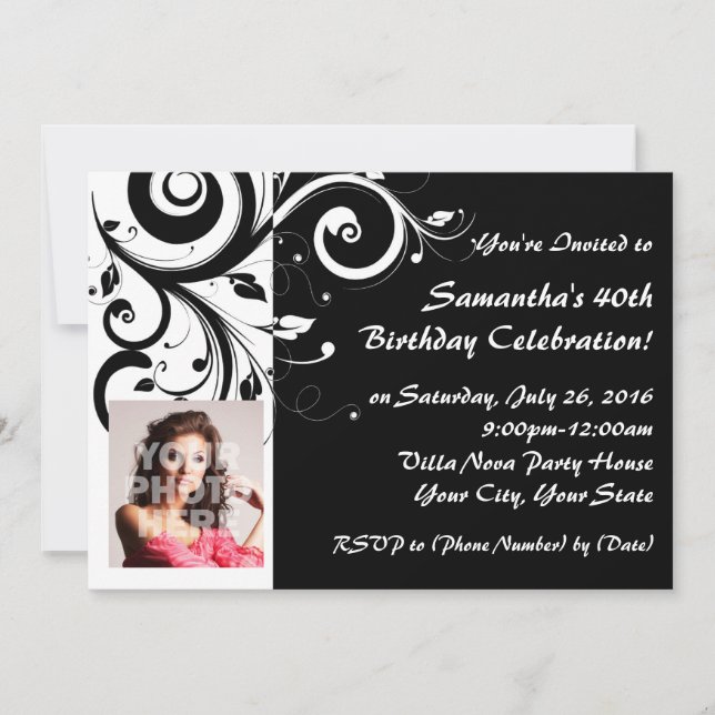 Invitations photo Black+White Reverse Swirl 40th (Devant)