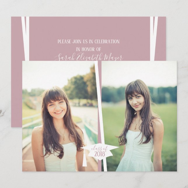 Invitations photo de diplômes modernes en rose et  (Devant / Derrière)