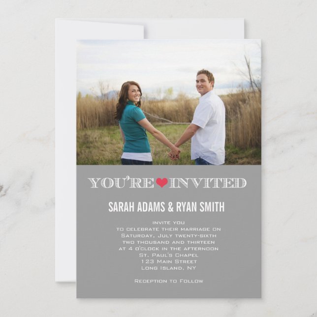 Invitations photo de l'Mariage rouge gris-coeur (Devant)