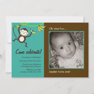 Invitations photo de singe, brunes et turquoises