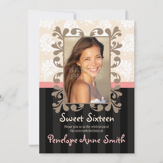 Invitations photo du Sweet sixteen de Damas noir r (Devant)